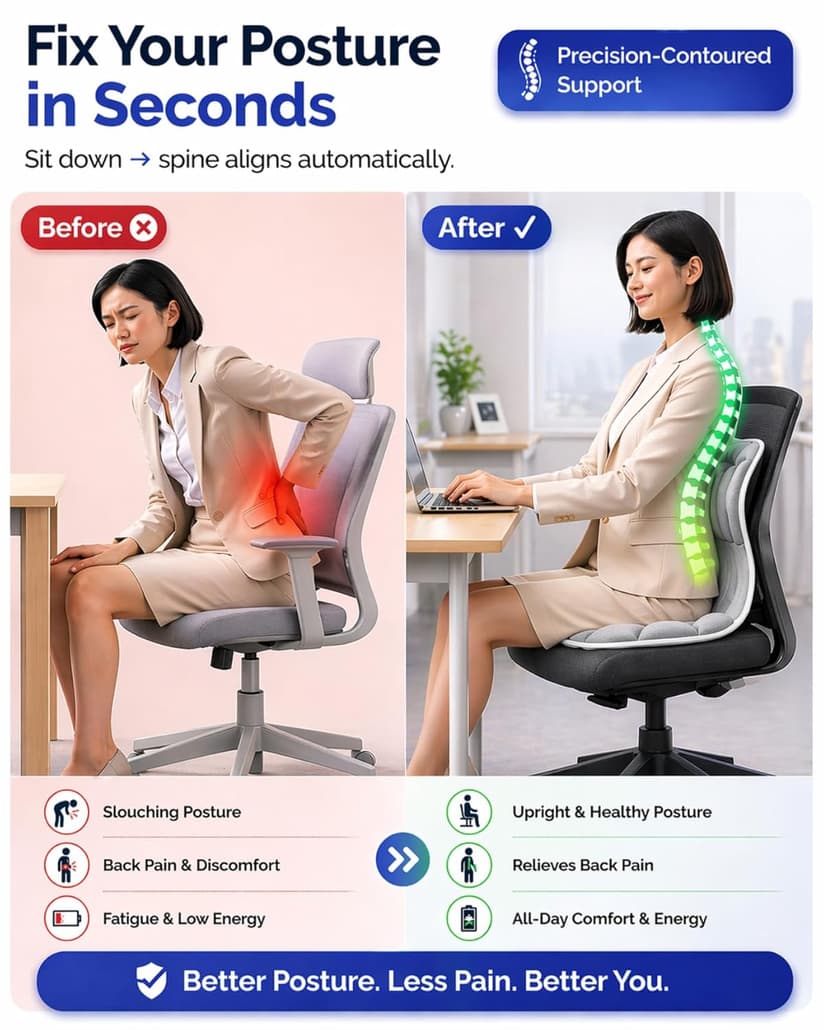 Ergonomic Lumbar Support Cushion for Back Support & Pain Relief | 6-Zone Pressure Distribution Posture Corrector for Office Chair, Car Seat, Desk, etc. | Great as a Gift (Gray)
