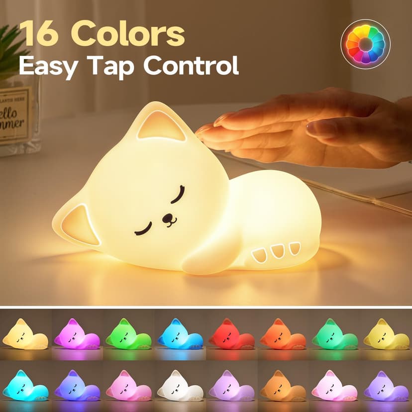 5-Level Dimmable Tap Night Light with Rechargeable Battery. Cute Stuff,Cat Room Decor & Gifts for Women,Adults, Teens & Kids. Mubarek Sleepy Cute Cat Gifts - 16-Color Silicone Night Light with Remote B0D8QGT88D