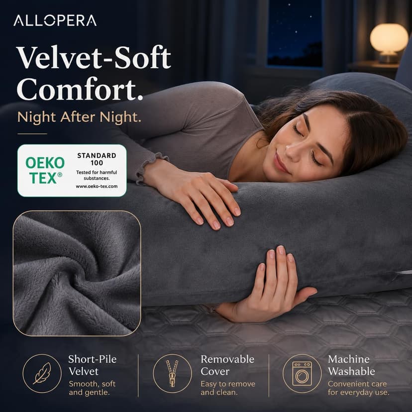 Pregnancy Pillow, Full Body 57 Inch Maternity Pillow with Removable Washable Cover - Sleep Support for Legs, Back, Neck, Shoulder, HIPS, Belly for Pregnent Women, Black Grey Velvet Cover