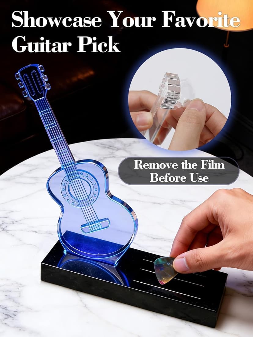 Apipi Light Up Guitar Picks Holder Gifts for Players - 7 Color Changing Acrylic Guitar Night Light with USB-Powered Base