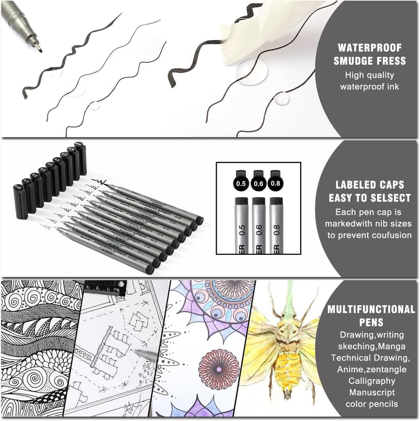 Brusarth Precision Black Micro-Pen Fineliner Ink Pens, Waterproof Archival Ink, Drawing Pen, Artist Illustration Pens, Multiliner, for Art Watercolor, Sketching, Anime, Manga, Design, 9/Set(Black)