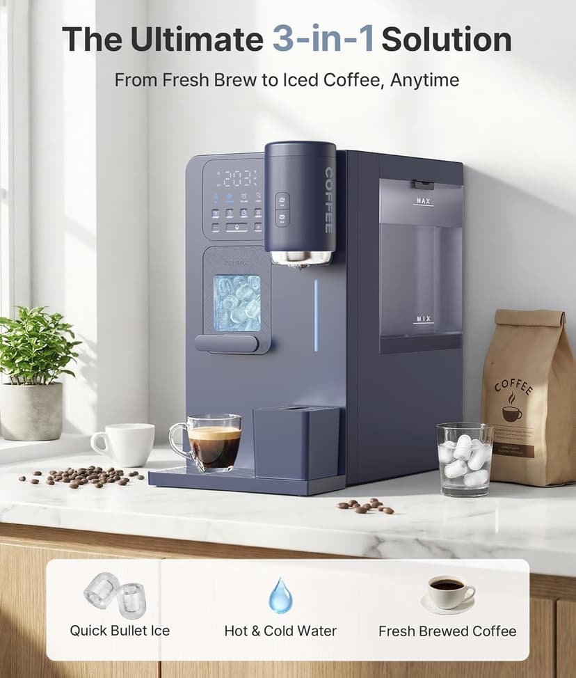 3-in-1 Water Dispenser with Ice Maker – Compact Coffee Brewer, K-Cup® Pod Compatible, Hot/Cold/Warm Water, Adjustable Water Volume, Bullet Ice Ready in 8–12 Minutes, for Home & Office