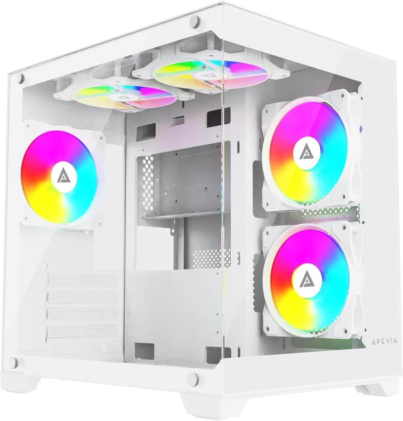 Apevia Prism-WH Prism Micro-ATX Gaming PC Cube Case w/ 5X 120mm ARGB Fans, 366 RGB Modes, Dual Tempered Glass Panels, 240mm Radiator Support, 1X USB3.0, 2X USB 2.0, HD Audio Port, White