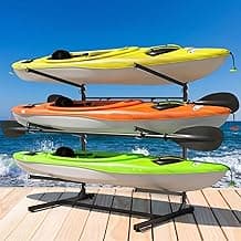 Faesun 3-Tier Kayak Storage Rack, Freestanding Kayak Rack with Paddle Hook, Adjustable Heavy Duty Kayak Stand with Ground Pegs, Storage Rack for Kayak, Canoe, Surfboard & Paddleboard