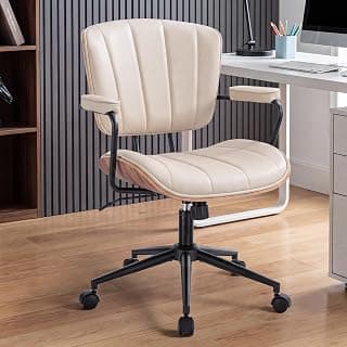 Mid Century Modern Office Chair, Fixed Back Rolling Desk Chair with Armrests and Walnut Back, Adjustable Height for Home Office, Beige