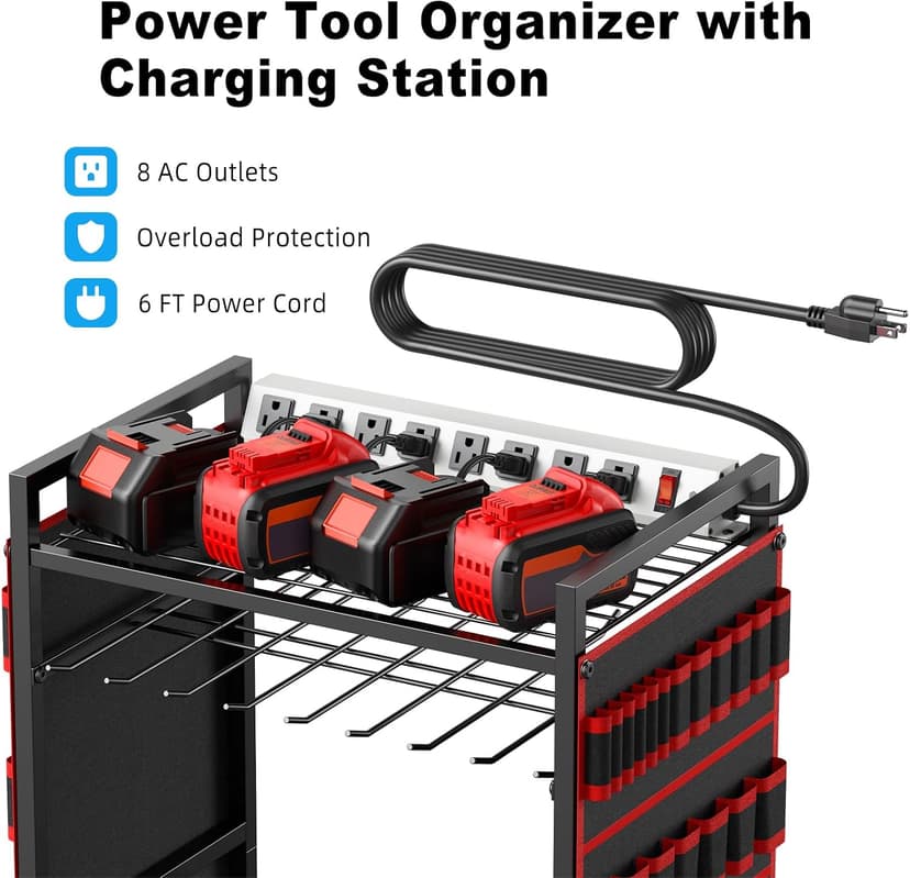 Floor Standing, Large Garage Rolling Storage Cart on Wheels, Heavy Duty Drill Battery Storage Rack, with 8 Outlet Power Strip JUNNUJ Power Tool Organizer Cart with Charging Station, 6 FT Cord, Red B0D1QVKWGH