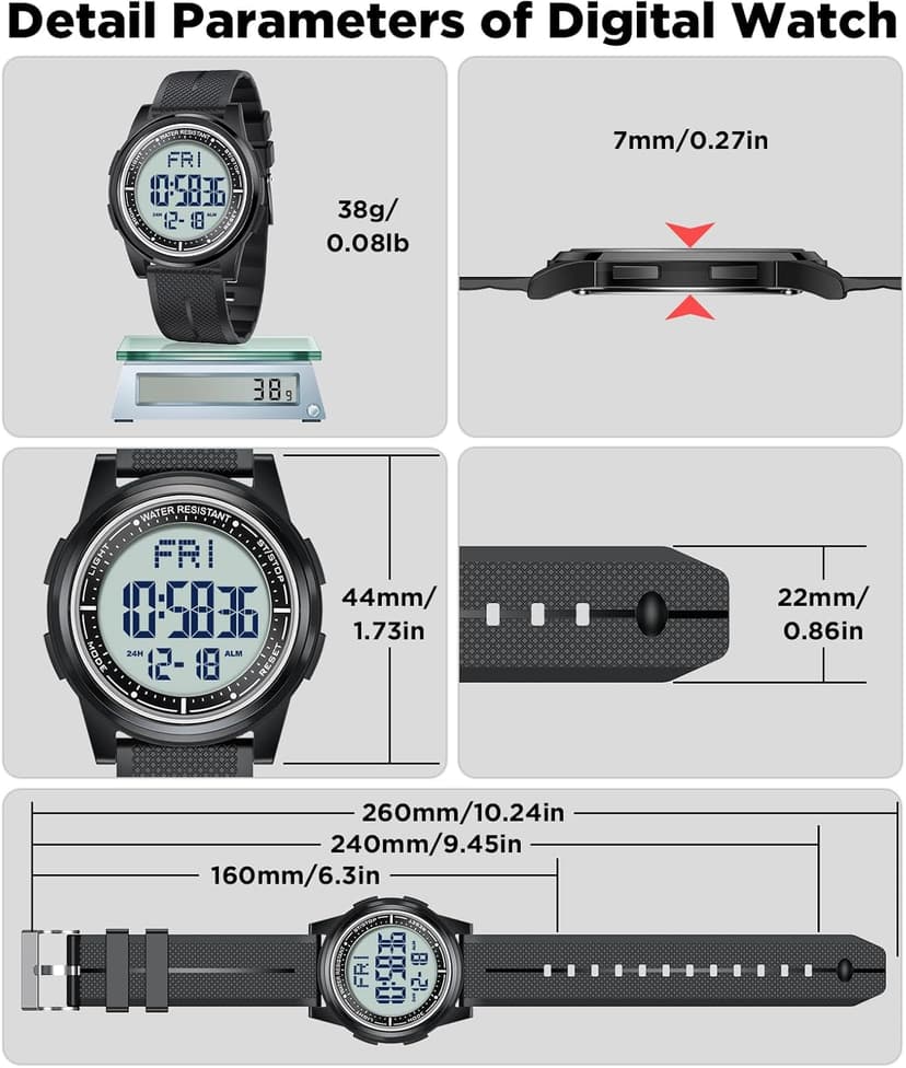Beeasy Digital Watch Waterproof with Stopwatch Alarm Countdown Dual Time, Ultra-Thin Super Wide-Angle Display Digital Wrist Watches for Men Women
