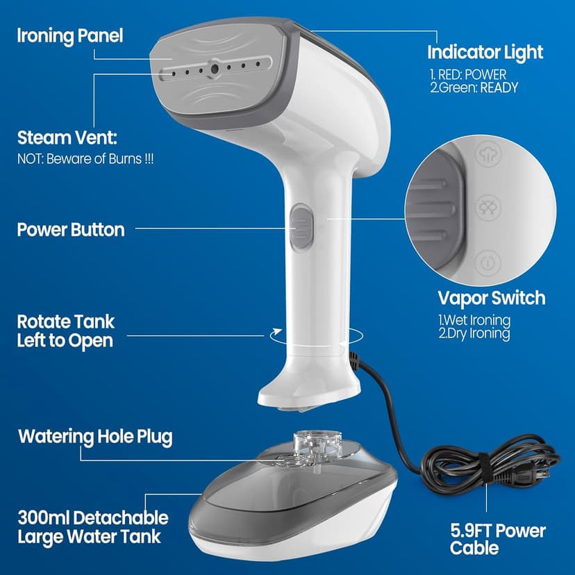 Powerful Handheld Fabric Steamer - 1800W with Fast Ceramic Heat-Up Plate, 2-in-1 Ironing & Wrinkle Remover, Steam Nozzle, Lint Brush - White, for US 120V Only