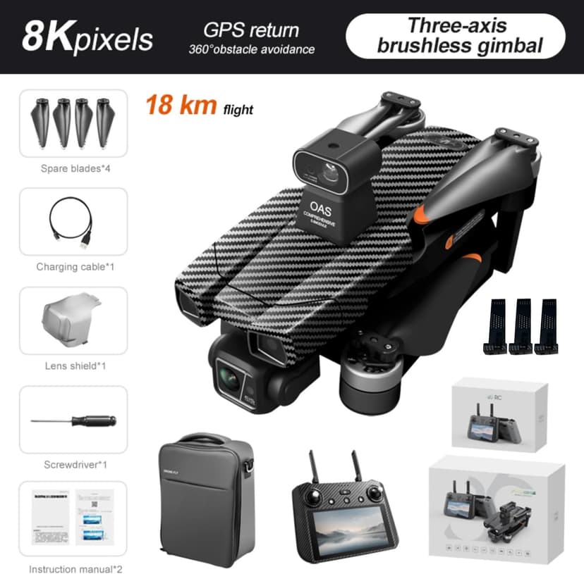 AE86ProMax+Drones with Camera for Adults 4K Video,Touch Screen Tablet Remote and 3-Axis Mechanical Gimbal, 5G Digital Transmission, 360° Laser Obstacle Avoidance, GPS Auto Return,Three 8000mAh 45 Mins Long Endurance, 500g Payload, Smart Follow Waypoint Flight Foldable Quadcopter, Up to 5 Miles Range (Carbon Fiber, 3 Batteries)