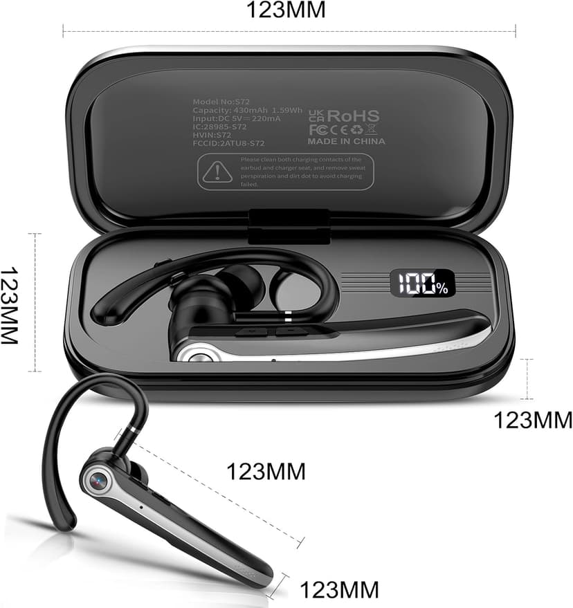 Atheewon Bluetooth Headset, Wireless Bluetooth Earpiece with ENC Noise Canceling Mic, 120Hrs Talk Single-Ear Headphones, LED Display, IPX7, V5.4 Hand-Free Earphone for Business/Trucker/Driver, Black