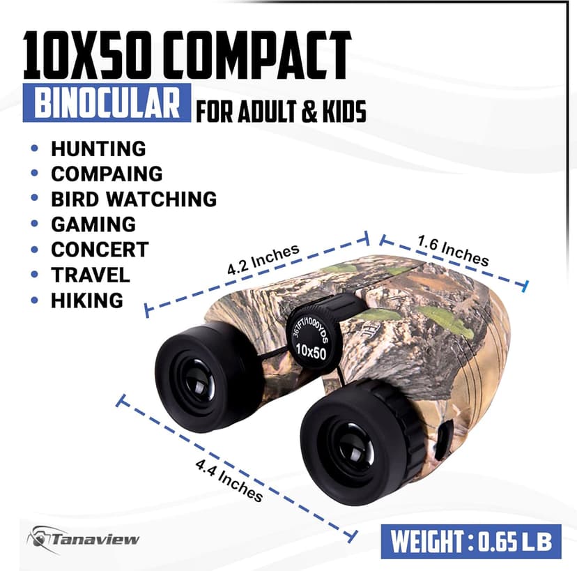 10x50 Compact Binoculars for Adults - Long Distance View, High Powered Binoculars with Travel Case - Lightweight, Large Eyepiece, Water & Fog Proof - Hunting, Bird Watching, Cruise