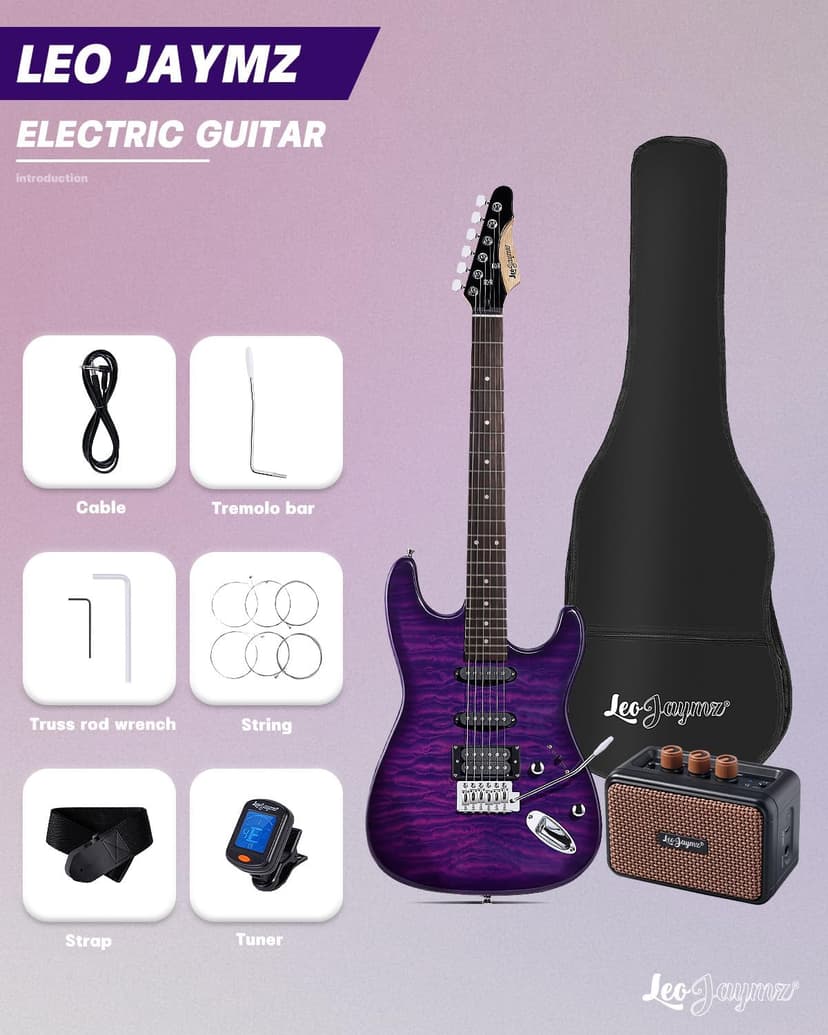 Leo Jaymz 39" Full Size ST Style Electric Guitar Starter Kit with SSH Pickup, 5W Portable Amp, Tuner, Gig Bag, Strap & Accessories (Violet Ocean)
