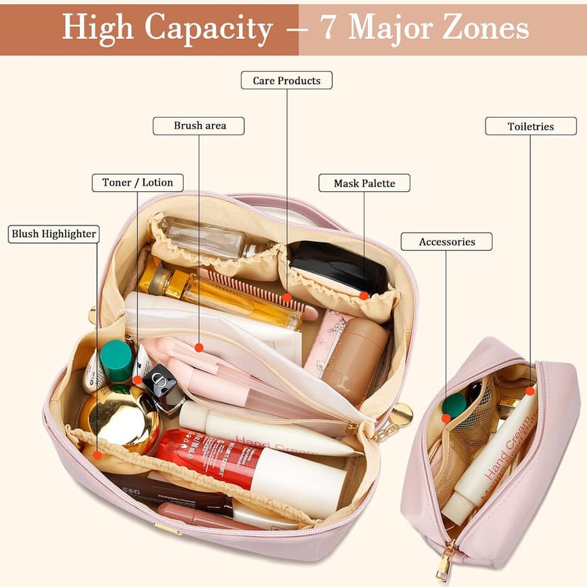 Waterproof PU Leather, Open Flat Design Cosmetic Bag, Multiple Compartments Travel Toiletry Bag (Pink, A) Initial Makeup Bag Personalized Gift for Women Teen Girls B0F26C313Y