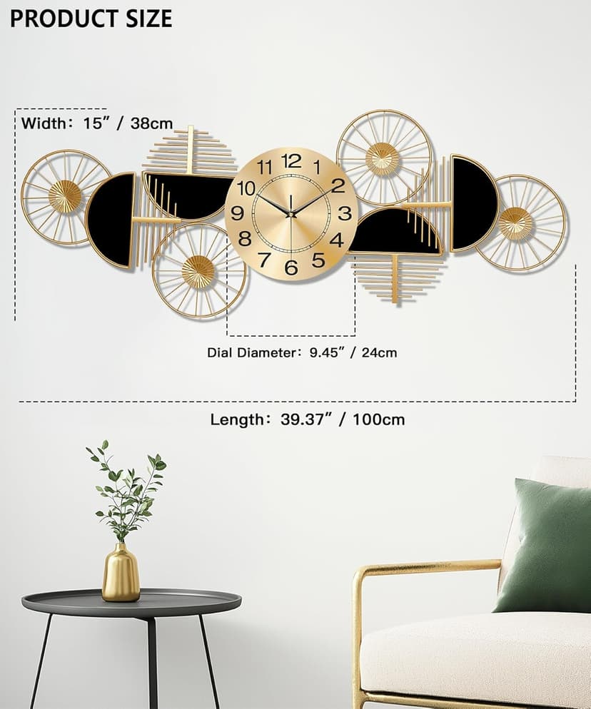 Large Wall Clock,Modern Silent Non-Ticking Metal Wall Art Wall Clocks Battery Operated, Horizontal or Vertical Hanging Clock for Living Room, Kitchen, Bedroom, or Office Wall Decor (40")