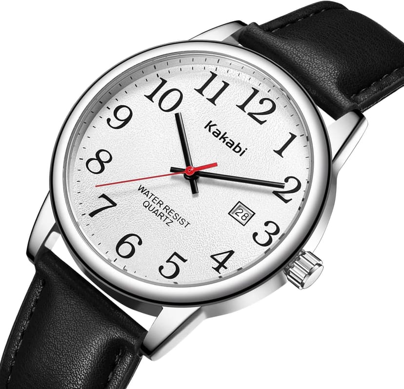 Kakabi Watch for Men, Easy Reader Unisex Analog Quartz Waterproof Wristwatch with Date and Leather Band, Casual Simple Fashion Mens Watches Gift