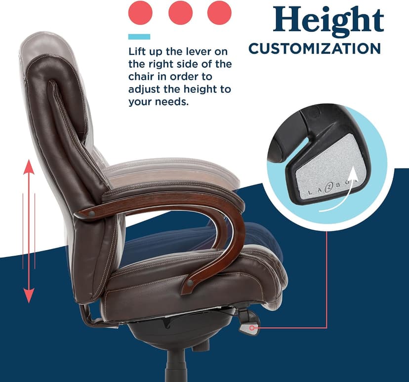La-Z-Boy® Bellamy Executive Office Chair with Memory Foam Cushions, Real Wood Arms and Swivel Base, Waterfall Seat Edge, Faux Bonded Leather, Brown