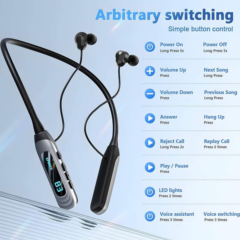 MZYQCY Neckband Bluetooth Headphones，80H Playback Wireless in-Ear Earbuds with Microphone, Sweatproof Around The Neck Headphones for Sport,Running,Workouts (Black)