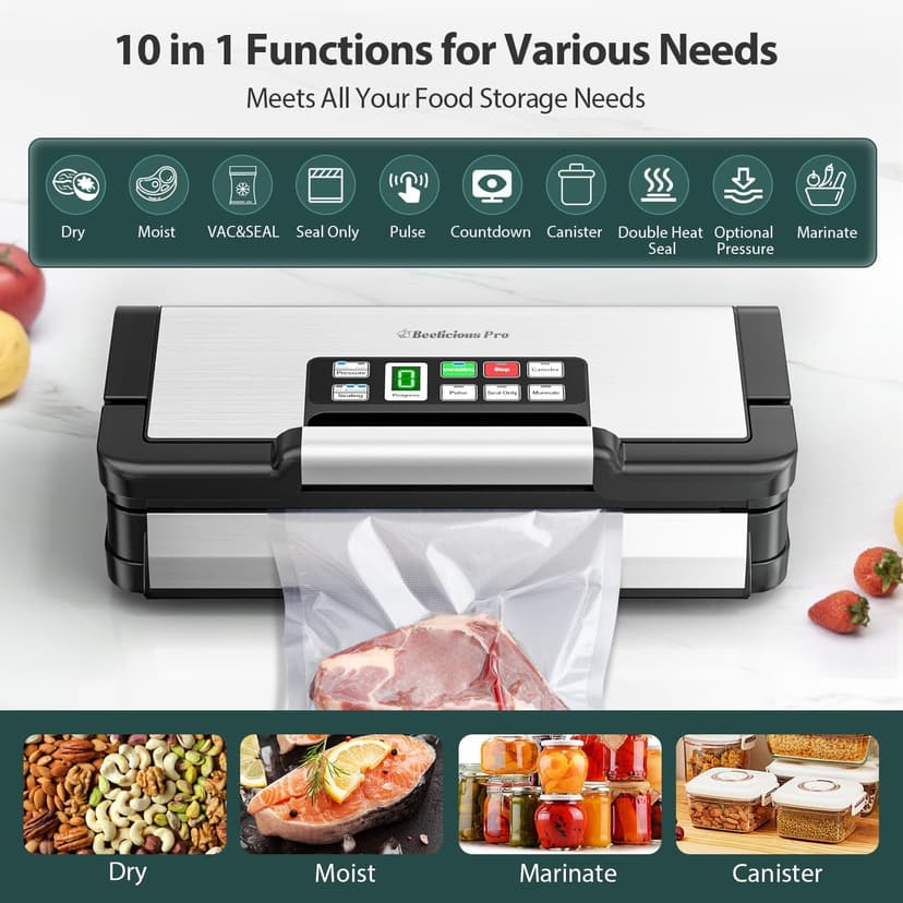 95kPa Vacuum Sealer Machine with AquaLock Technology, for Moist Seals, 2X Seal & 130W, Fully Automatic Food Sealer, Built-In Cutter, Bag Storage & Hose, Precision Sealing, 2 Bag Rolls,Stainless Steel