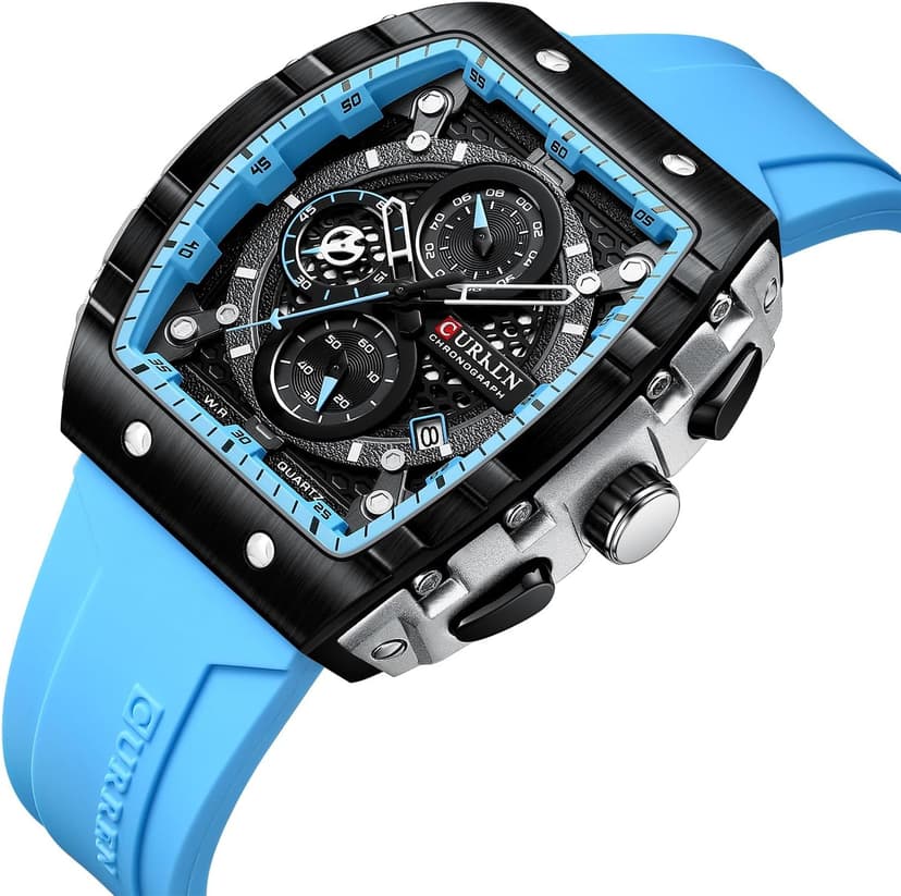 PASOY Luxury Chronograph Watches for Mens Rubber Strap Black Waterproof Date Analog Quartz Watch