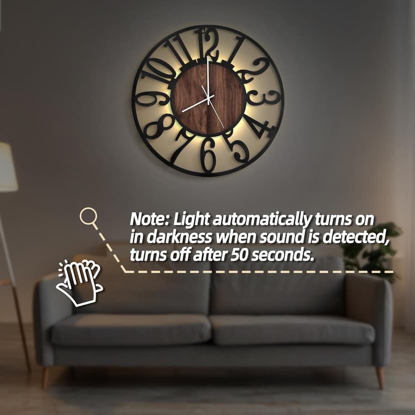 LEIKE Large Wall Clocks with Night Light Battery Operated,Silent Non Ticking,Rustic Modern Big Wood Clock for Living Room, Bedroom,Kitchen,Farmhouse,Office,Home Decor-20 Inch(Black-Arabic Number)