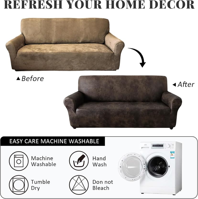 ANARACHON Sofa Cover, Couch Covers for Leather Couches, Stretch Sofa Covers with Leather-Like Texture, Washable, Non-Pilling, Non-Slip 1-Piece Couch Cover for Dogs, Cats and Kids (Sofa, Brown)