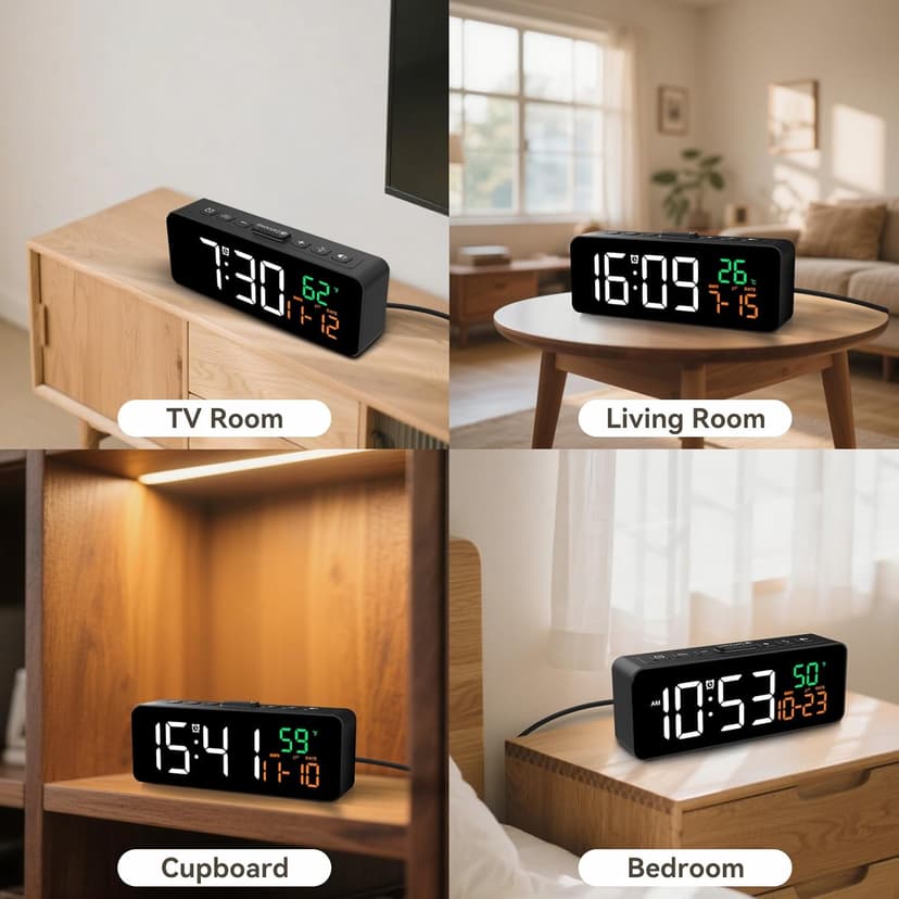 Netzu 3-in-1 Digital Clocks for Living Room with Temperature, Date & Time Display - 4 Levels Birghtness, 3 Volumes, Small & Compact Plug-in Alarm Clock for Bedroom, Office (Black)