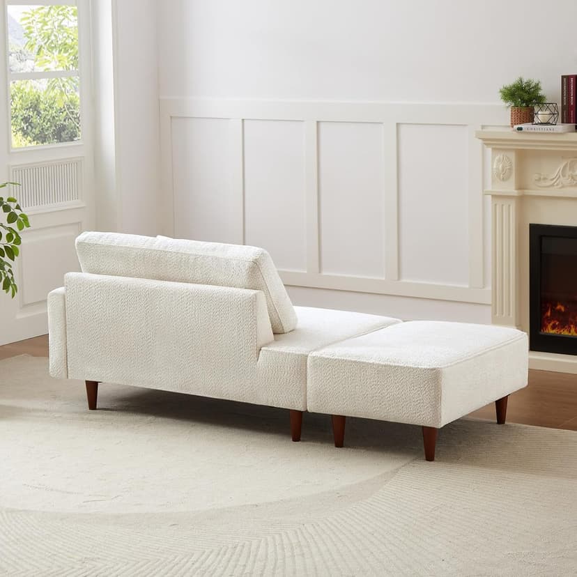 Upholstered Chaise Lounge Chair Indoor with Ottoman Boucle Chaise Lounge Fluffy Reading Chairs for Office Living Room Bedroom Relaxing (Boucle Biege)