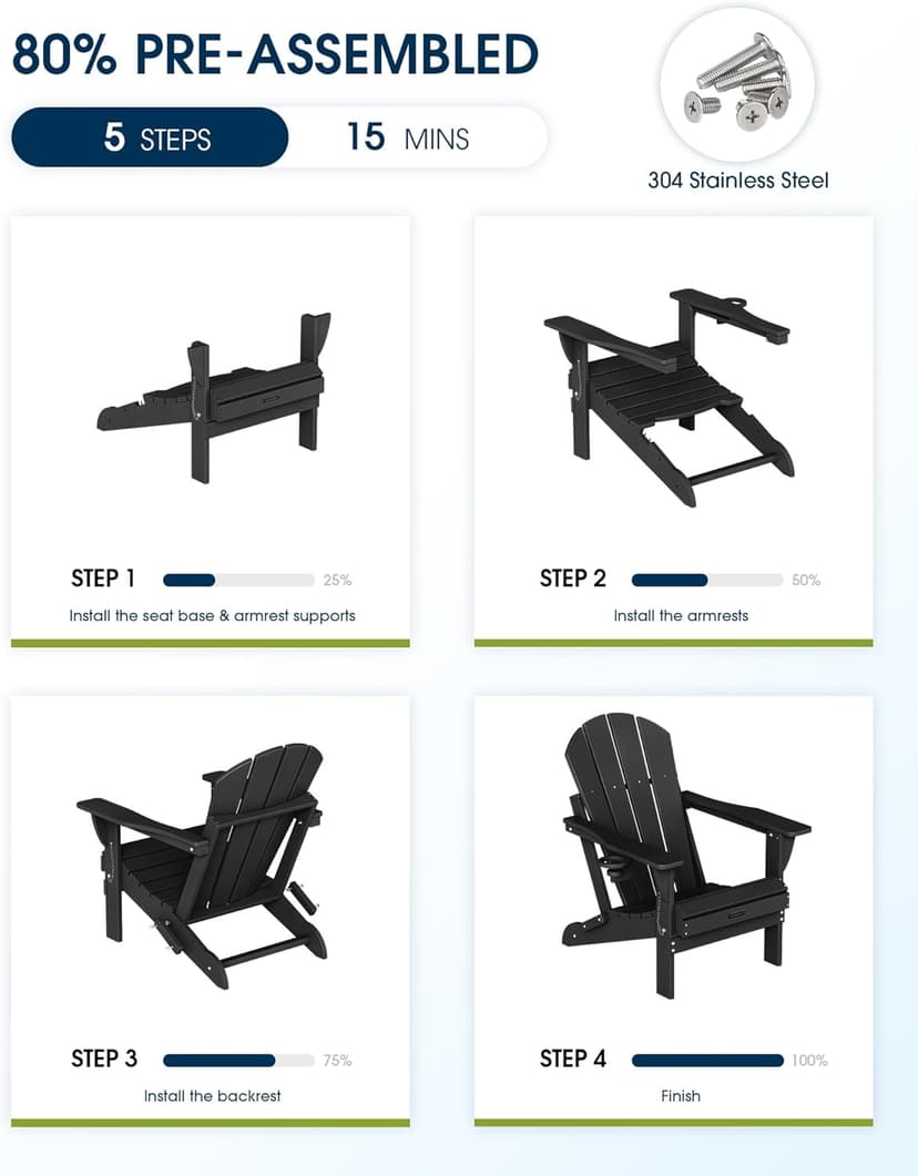 MUCHENGHY Folding Adirondack Chairs Patio Chairs Outdoor Adirondack Chair Weather Resistant Chair for Patio, Outside, Deck, Backyard, Fire Pit Chair, Campfire Chairs (Black)