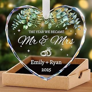 First Christmas Married Ornament, Personalized Wedding Gifts for Couple, Mr and Mrs Gift, Bridal Shower Gifts, Just Married for Newlywed Couples, Bride, Crystal Glass Wedding Christmas Ornaments 2025