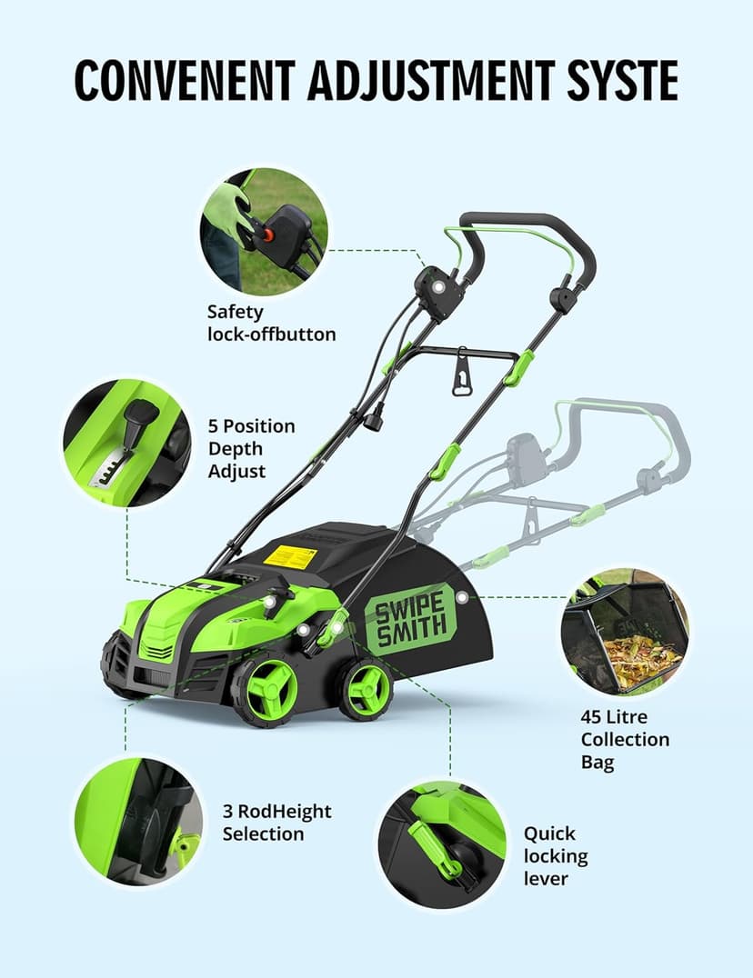 SWIPESMITH 16” Artificial Turf Vacuum,1800w Grass Sweeper 15 Amp Lawn Sweeper Yard Power Brush with 45L Removable Leaf Collection Bag, Quick-Fold, Keeps Clear Sweepy Box