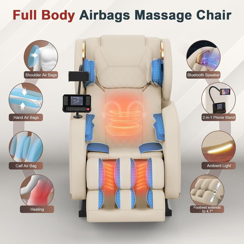 2026 Massage Chair, Massage Chairs Full Body and Recliner with 10 Fixed Points, Zero Gravity, Wood Grain Leather, Foot Massage, Airbags, Lumbar Heating, Bluetooth and Control Screen (Ivory White)