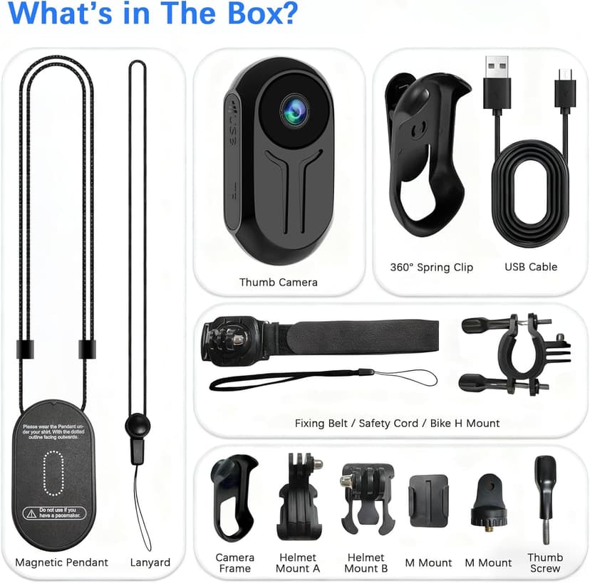 Tkiplay Mini Thumb Sports Action Camera, FHD 1080P Body Camera with Audio, Small Body Cam, Magnetic Wearable POV Vlogging Camera with Night Vision, Loop Record, Accessories