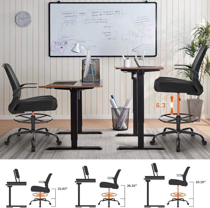 Drafting Chair for Standing Desks, 500LBS Capacity Tall Office Chair with Adjustable Height, Foot Ring, Flip-Up Armrests, Thick Curved Seat for Home Office, Drawing, and Creative Work