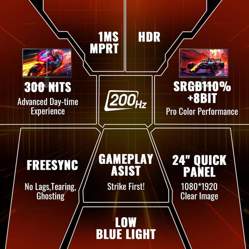 SANSUI 24 Inch Gaming Monitor 200Hz 1Ms FreeSync HDR 110% sRGB FHD 1080P Computer Monitor HDMI DP Ports Eye Care Frameless VESA Mount Cable Management (ES-G24F4L HDMI Cable Included)