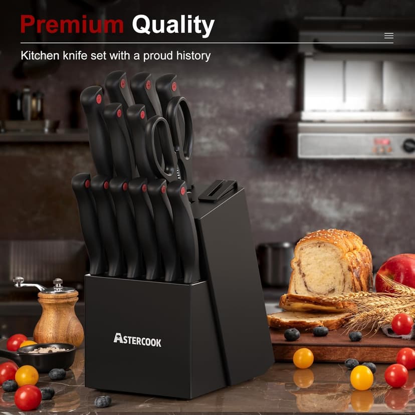Stainless Steel Kitchen Utensils Set Dishwasher Safe Astercook Knife Set for Kitchen with Block and Sharpener 15pcs German B0C1YBPJ43