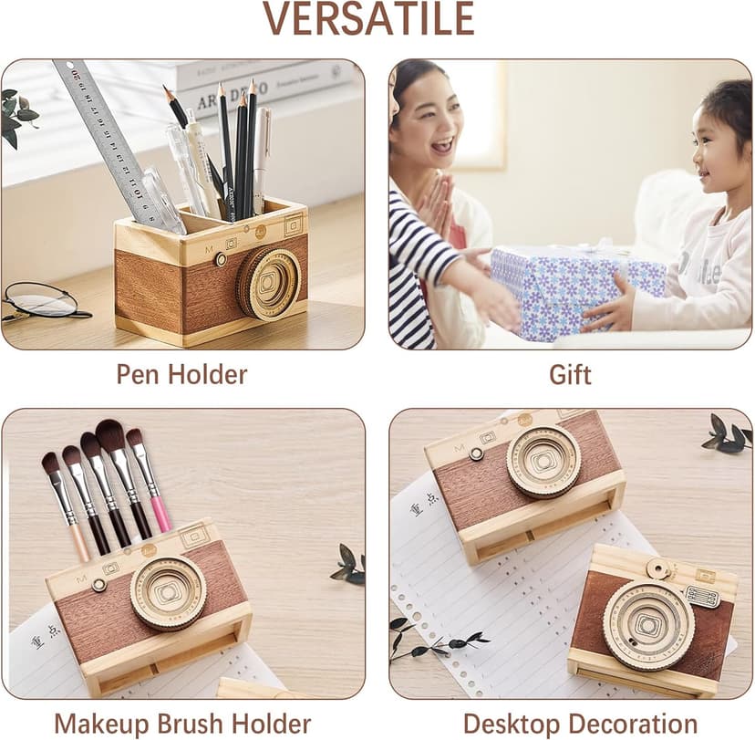 Vintage Wooden Camera Pencil Holder – Retro Desk Organizer for Pens & Stationery, Unique Photography Gift for Photographers, Creative Wooden Pen Holder for Office & Home Decor (Double slot) B0F4R7Z3M2