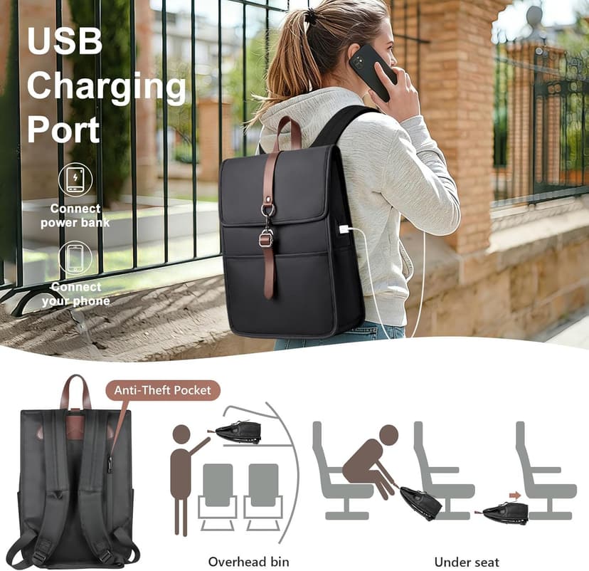 HEROIC KNIGHT Laptop Backpack for Men Women, Slim Work Travel Backpack with USB Charging Port, Lightweight Computer College Backpack Bag, Vintage Commuter Casual Daypack Fits 15.6 Inch Laptop,Black