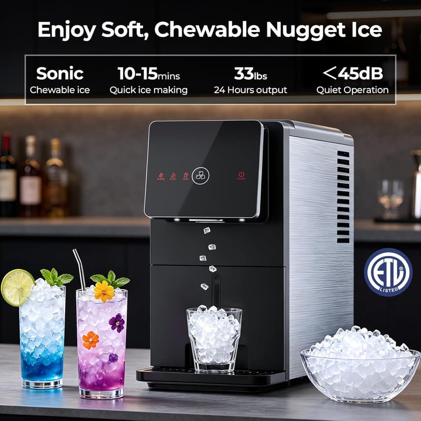 Antarctic Star Nugget Ice Maker Countertop, 33 Lbs/24H, Automatic Ice Dispenser, Self-Cleaning Portable Ice Machine, 1.8L Water Tank, Touch Screen & Auto Ice Drop, for Home/Office/Kitchen