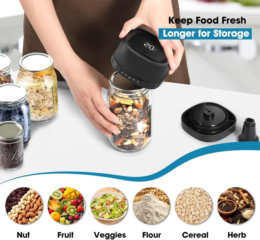 ZIWEO Mason Jar Vacuum Sealer Kit for Wide Mouth and Regular Mouth Mason Jars, Electric Vacuum Sealer with Suction Nozzle, 10 Lids and 1 Vacuum Bag, Compact and Auto Stop Design