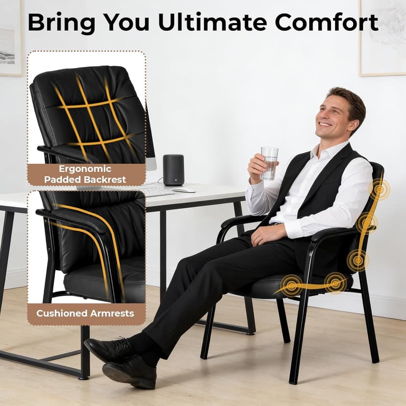 OLIXIS Office Waiting Room Guest Chair, 500lbs Office Reception Lobby PU Leather Chair No Wheels with Padded Armrest for Conference Lobby Medical Waiting Area Bedroom Elderly, Black