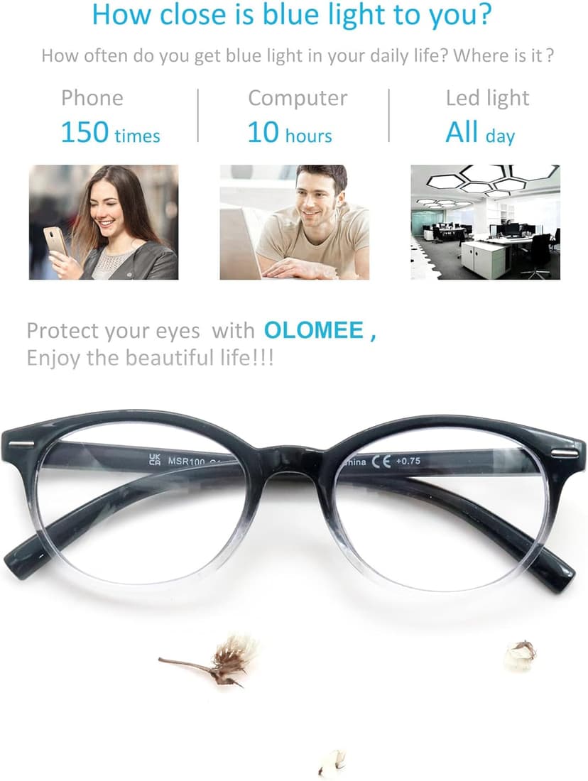 OLOMEE Blue Light Blocking Reading Glasses Women Round Readers Cute Cheaters for Small Head&Face Black/Clear/Tortoiseshell