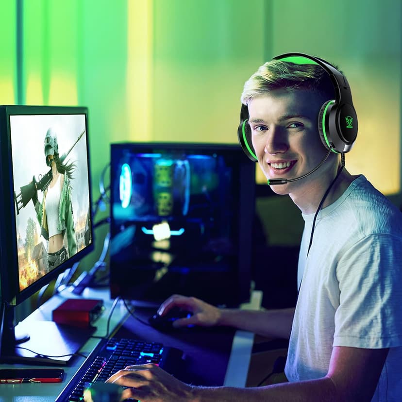 H-10 Gaming Headset for PS4, Xbox One, PC, PS5, Nintendo Switch, Stereo Wired Noise Cancelling Over Ear Headphones with Mic for Kids Adults, Bass Surround, Soft Memory Earmuffs, Green