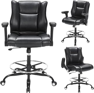 Office Drafting Chair, Tall Desk Chair with Adjustable Armrests and Footrest Ring PU Leather Standing Desk Chair with Extra Thicken Seat Cushion, Comfy High Office Chair for Counter Height Desk, Black
