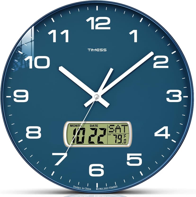 TIMESS Wall Clock, 12" Dial Non-Ticking Silent Battery Operated Analog with LCD Display for Perpetual Calendar and F° Temperature, Ideal Modern Home, Bedroom, Kitchen, Office Decor (Blue)