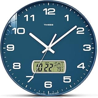 TIMESS Wall Clock, 12" Dial Non-Ticking Silent Battery Operated Analog with LCD Display for Perpetual Calendar and F° Temperature, Ideal Modern Home, Bedroom, Kitchen, Office Decor (Blue)