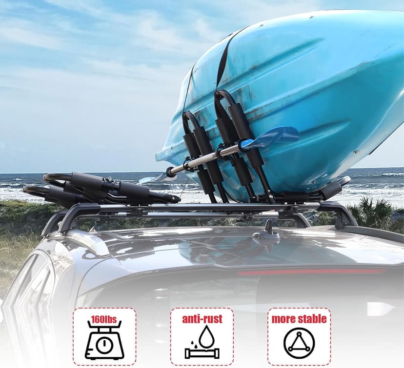 FORWODE Premium Kayak Roof Rack, 2 Pair J-Bar Roof Rack, Folding Adjustable Rack, Heavy Duty Kayak Roof Carrier 2 Kayak, Canoe, SUV, Surfboard on SUV, Car and Truck Crossbar