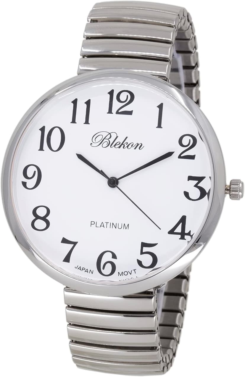 Geneva Blekon Collections Silver Super Large White Face Case Size 43mm EXTRA LARGE Stretch Band Japanese Movement PC21J Fashion Watch