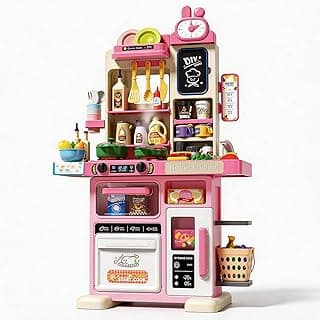 33.8IN - 70PCS Kids Kitchen Playset with Sound & Light - Cooking Stove with Steam, Play Sink and Toy Kitchen Accessories - Pretend Kitchen Play Food Toys for Kids Boys Girls - Toddler Play Kitchen Set
