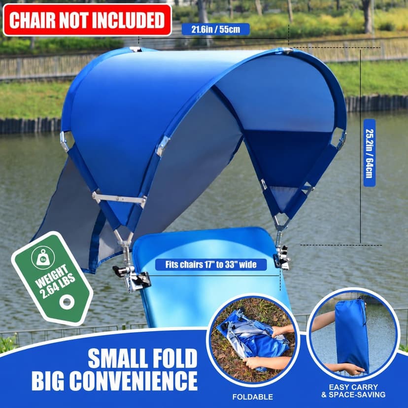 Universal Wind-Resistant Chair Umbrella Canopy, Foldable Portable UPF 50+ Sun Shade Attachment with Adjustable Clamp, Fits Most Beach, Camping, Lawn, Sports, Tanning, Zero Gravity Chairs, Patented