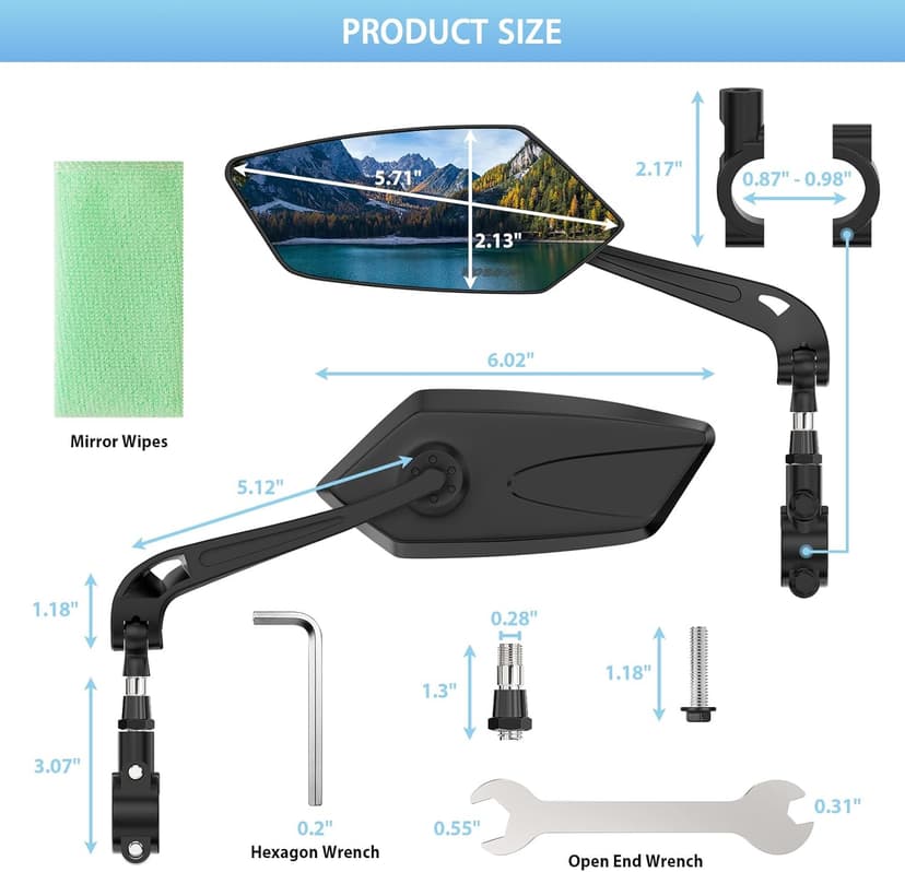 2 Pack Bike Mirrors, eBike Mirrors for Handlebars, 360° Adjustable Safety Bicycle Rear View Mirrors, Scratch Resistant Glass Lens, Bicycle Universal Fit Accessories